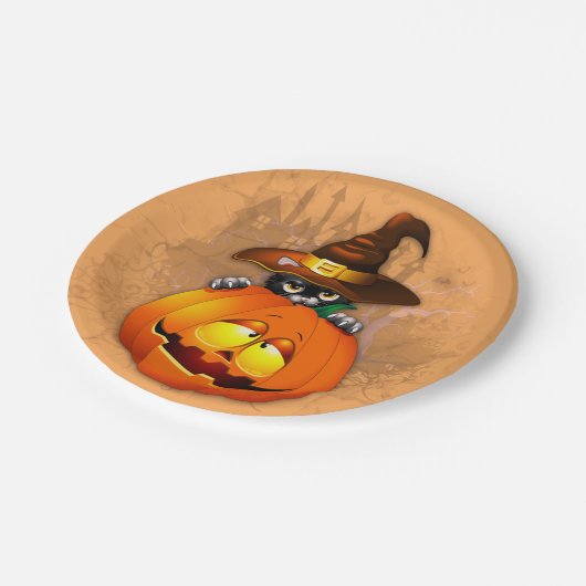 Schattigee heksenkat en pompoen Halloween vrienden Papieren Bordje (Gekanteld)
