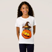 Schattigee heksenkat en pompoen Halloween vrienden T-shirt (Voorkant volledig)