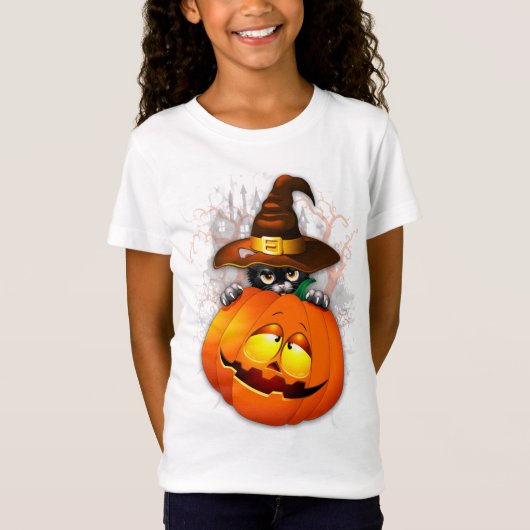 Schattigee heksenkat en pompoen Halloween vrienden T-shirt (Voorkant)
