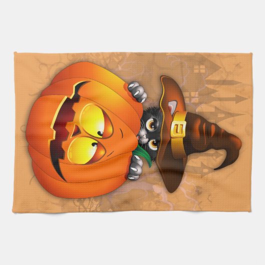 Schattigee heksenkat en pompoen Halloween vrienden Theedoek (Horizontaal)