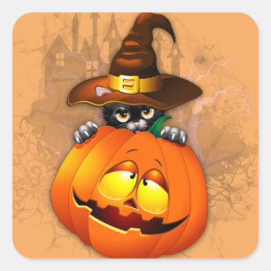 Schattigee heksenkat en pompoen Halloween vrienden Vierkante Sticker