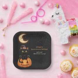 Schattigee Heksenkat en Pompoen Verjaardag Papieren Bordje