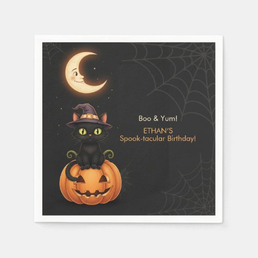 Schattigee Heksenkat en Pompoen Verjaardag Servet (Voorkant)