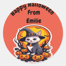Schattigee heksenkat met pompoen ronde sticker