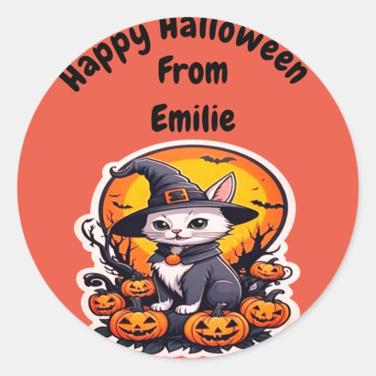 Schattigee heksenkat met pompoen ronde sticker (Voorkant)