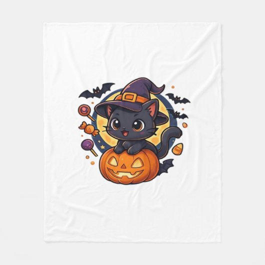 Schattigee heksenkat op pompoen - Halloween Art Ov Fleece Deken (Voorkant)