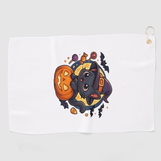 Schattigee heksenkat op pompoen - Halloween Art Ov Golfhanddoek (Horizontaal)