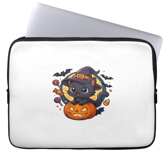 Schattigee heksenkat op pompoen - Halloween Art Ov Laptop Sleeve (Voorkant)