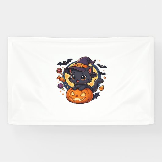 Schattigee heksenkat op pompoen - Halloween Art Ov Spandoek (Horizontaal)