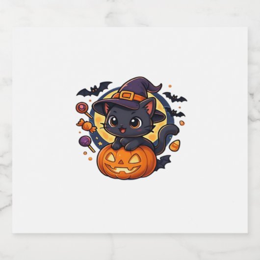 Schattigee heksenkat op pompoen � Halloween Art Ov Sparkling Wijnetiket (Enkel label)