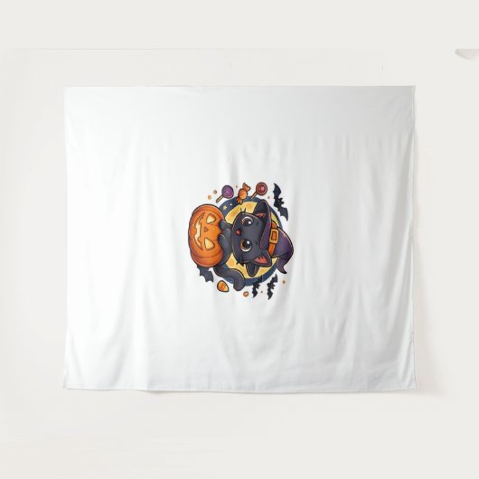Schattigee heksenkat op pompoen - Halloween Art Ov Wandkleed (Voorkant (horizontaal))