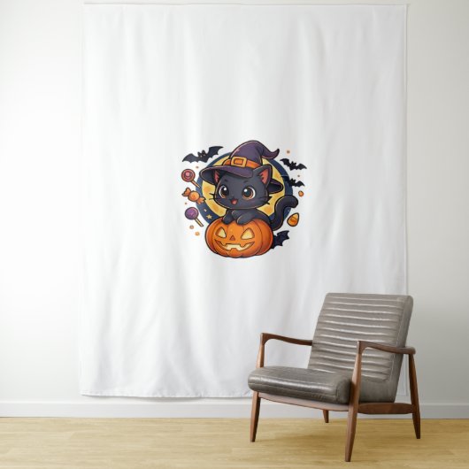 Schattigee heksenkat op pompoen - Halloween Art Ov Wandkleed (In situ)