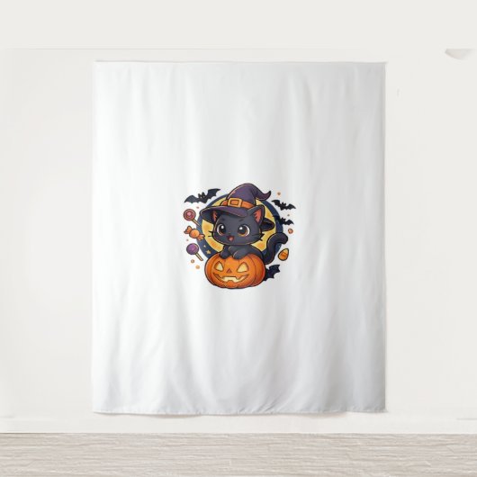 Schattigee heksenkat op pompoen - Halloween Art Ov Wandkleed (Voorkant)