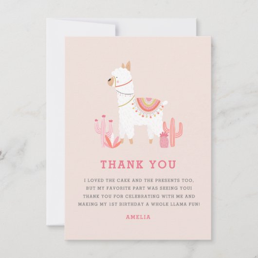 Schattigee hele lama leuk roze eerste verjaardag bedankkaart (Voorkant)