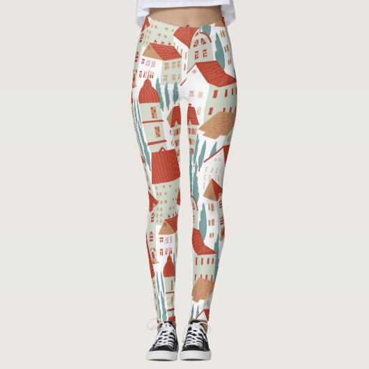 Schattigee herenhuizen: naadloze illustratie leggings (Voorkant)