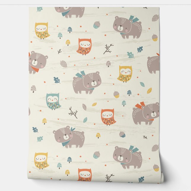 Schattigee Herfst Beer en Uilen op crème Behang (Afrollen)