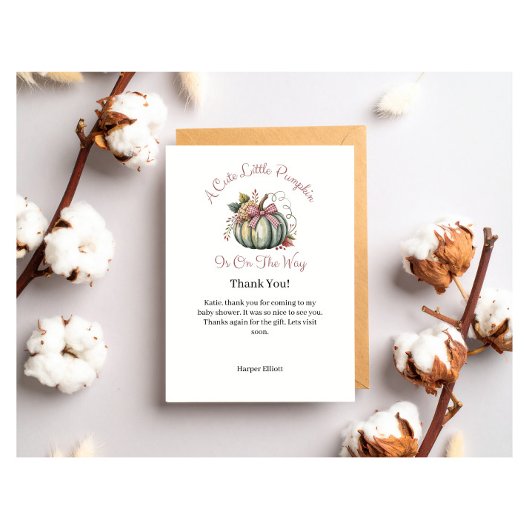 Schattigee Herfst Groen & Plum Pompoen Thema Baby  Bedankkaart