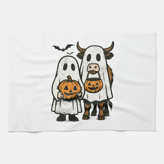 Schattigee Herfst Highland Koe Ghost Halloween 2 Theedoek (Horizontaal)