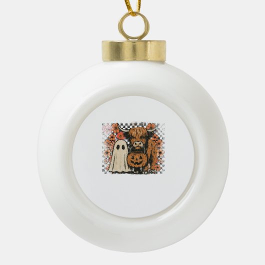 Schattigee Herfst Highland Koe Ghost Halloween Keramische Bal Ornament (Voorkant)