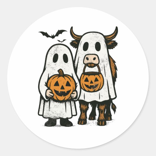 Schattigee Herfst Highland Koe Ghost Halloween Ronde Sticker (Voorkant)