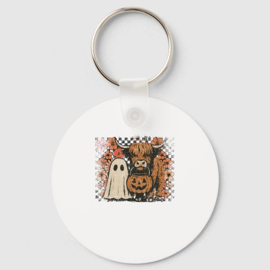 Schattigee Herfst Highland Koe Ghost Halloween Sleutelhanger (Voorkant)