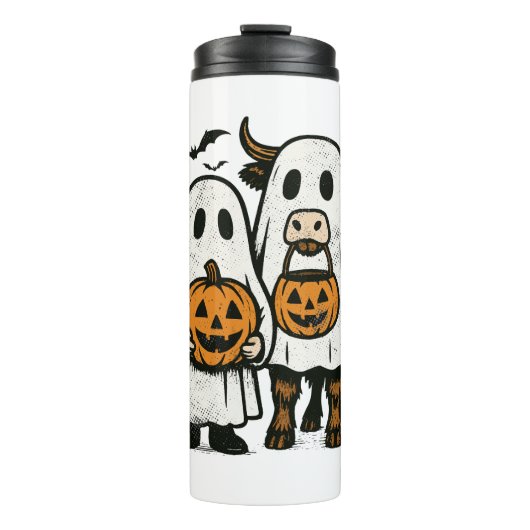 Schattigee Herfst Highland Koe Ghost Halloween Thermosbeker (Voorkant)