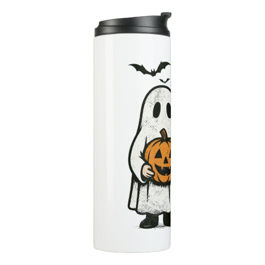 Schattigee Herfst Highland Koe Ghost Halloween Thermosbeker (Gedraaid links)