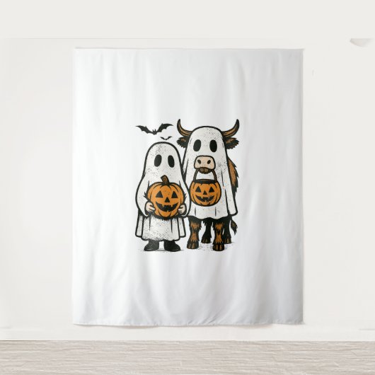 Schattigee Herfst Highland Koe Ghost Halloween Wandkleed (Voorkant)