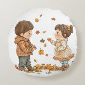 Schattigee Herfst Kinder spelen Rond Kussen (Voorkant)