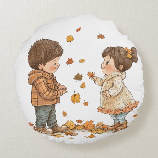 Schattigee Herfst Kinder spelen Rond Kussen (Achterkant)