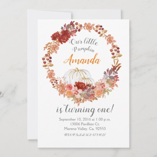 Schattigee Herfst Pompoen 1e verjaardagsuitnodigin Kaart (Voorkant)