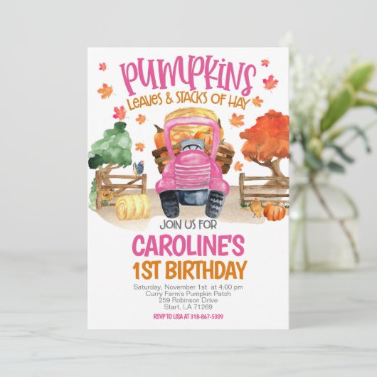 Schattigee Herfst Roze Pompoen Meisjes Verjaardag Kaart (Staand voorkant)