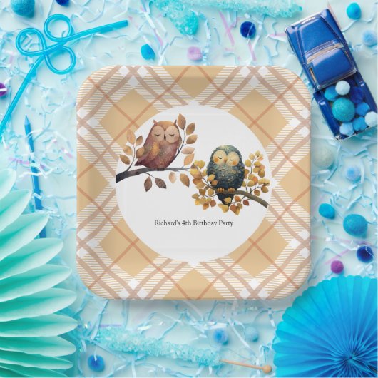 Schattigee Herfst Uil & Eekhoorn Boy Verjaardag Papieren Bordje (Feest)