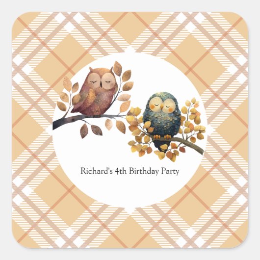 Schattigee Herfst Uil & Eekhoorn Boy Verjaardag Vierkante Sticker (Voorkant)