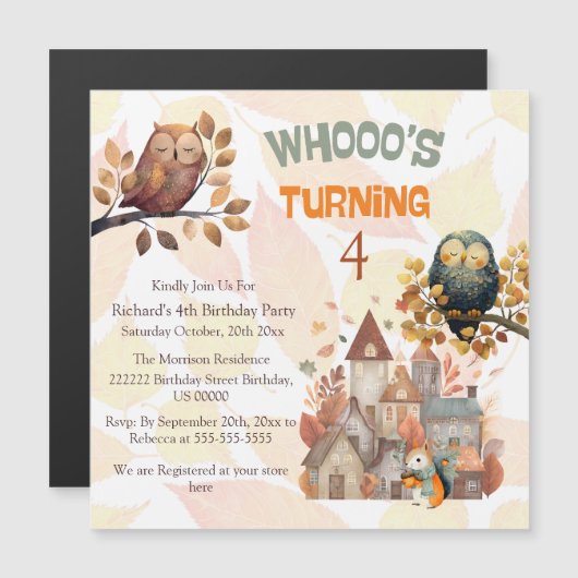 Schattigee Herfst Uil/Eekhoorn Jongen Verjaardag U Magnetische Uitnodiging (Voorkant / Achterkant)