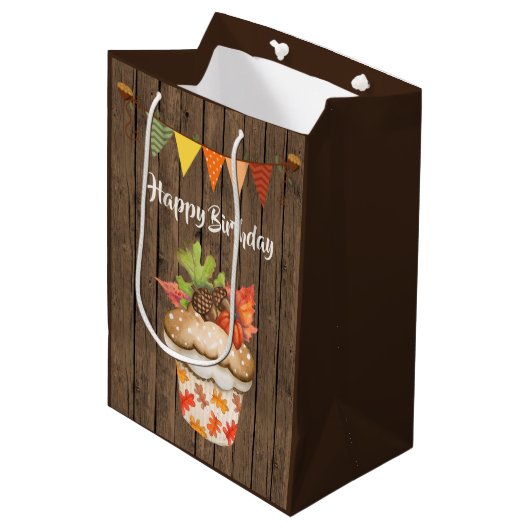 Schattigee herfstcupcake en Bunting Herfst Verjaar Medium Cadeauzakje (Voorkant Gekanteld)