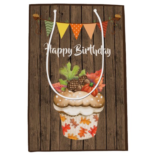 Schattigee herfstcupcake en Bunting Herfst Verjaar Medium Cadeauzakje (Voorkant)
