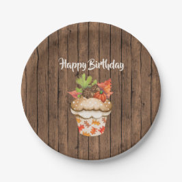 Schattigee herfstcupcake op houten Herfst Happy Bi Papieren Bordje