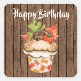 Schattigee herfstcupcake op houten Herfst Happy Bi Vierkante Sticker