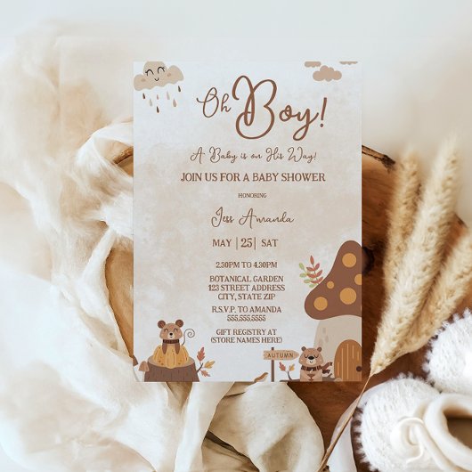 Schattigee herfstdieren Forest Oh Boy Baby shower Kaart