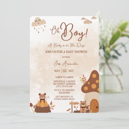 Schattigee herfstdieren Forest Oh Boy Baby shower Kaart (Staand voorkant)