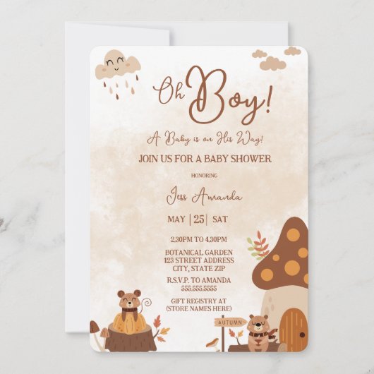 Schattigee herfstdieren Forest Oh Boy Baby shower Kaart (Voorkant)