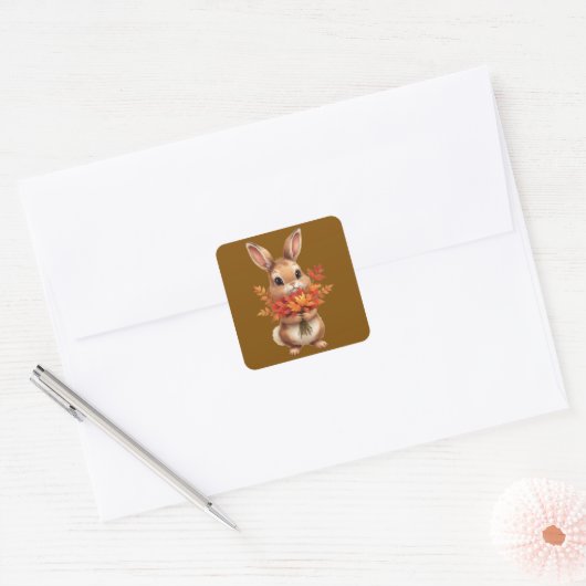 ​Schattigee herfstkonijn met Herfst Flowers Sticke Vierkante Sticker (Envelop)