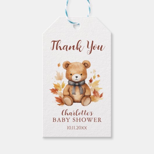 Schattigee herfstteddybeer Baby shower Dank je wel Cadeaulabel (Voorkant)
