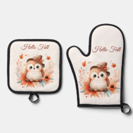 Schattigee herfstuil op een tak ovenwant & pannenlap set
