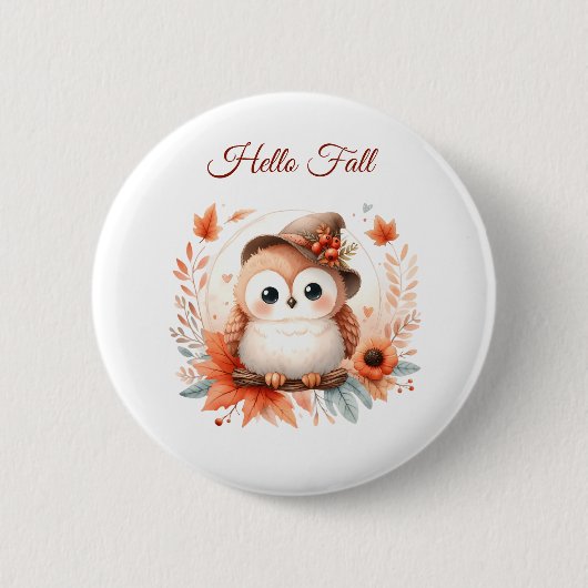 Schattigee herfstuil op een tak ronde button 5,7 cm (Voorkant)