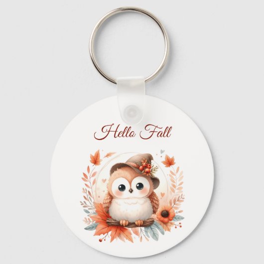 Schattigee herfstuil op een tak sleutelhanger (Voorkant)