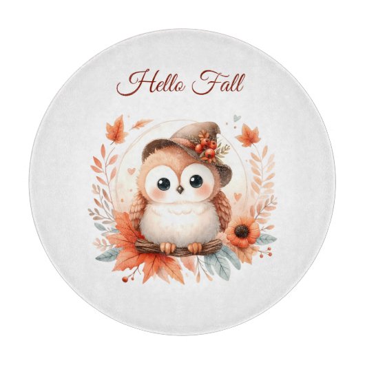 Schattigee herfstuil op een tak snijplank (Voorkant)