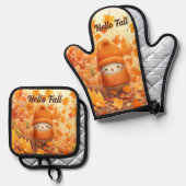 Schattigee herfstvogel gekleed voor Herfst Ovenwant & Pannenlap Set (Voorkant / Achterkant)