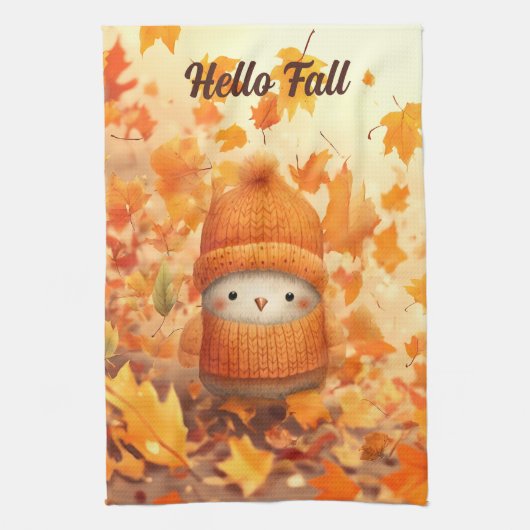 Schattigee herfstvogel gekleed voor Herfst Theedoek (Verticaal)